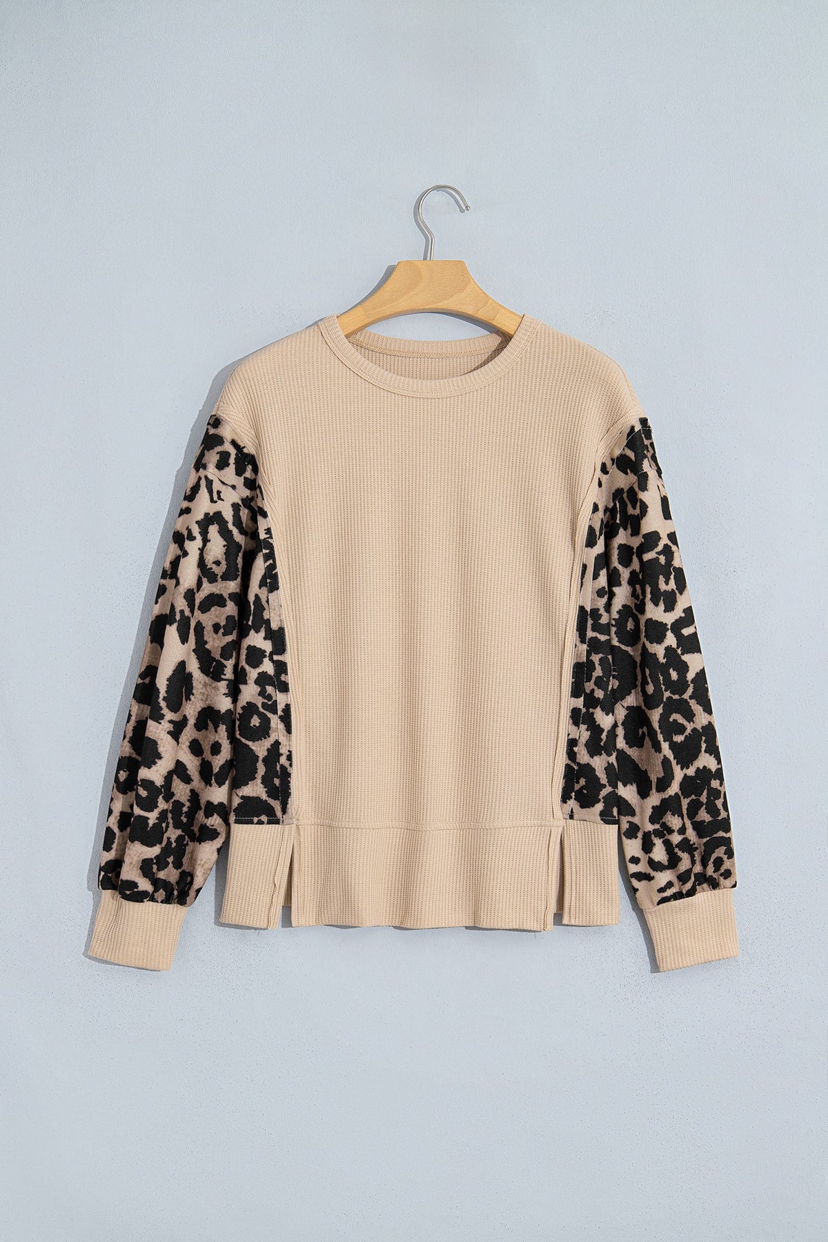 Leopard Ribbed Trim Waffle Knit Split Hem Sweater