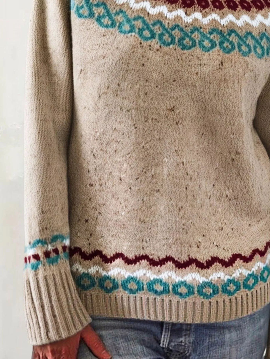 Full Size Vintage Patterned Round Neck Sweater Plus Size
