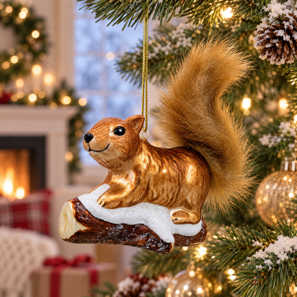 Squirrel on Snowy Branch Glass Christmas Ornament