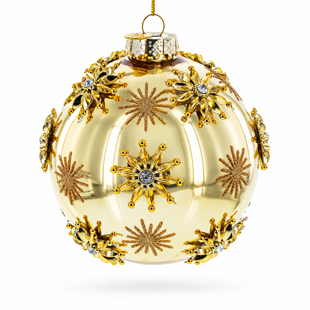 Jeweled Snowflakes Adorning a Golden Glossy Glass Ball Christmas Ornament