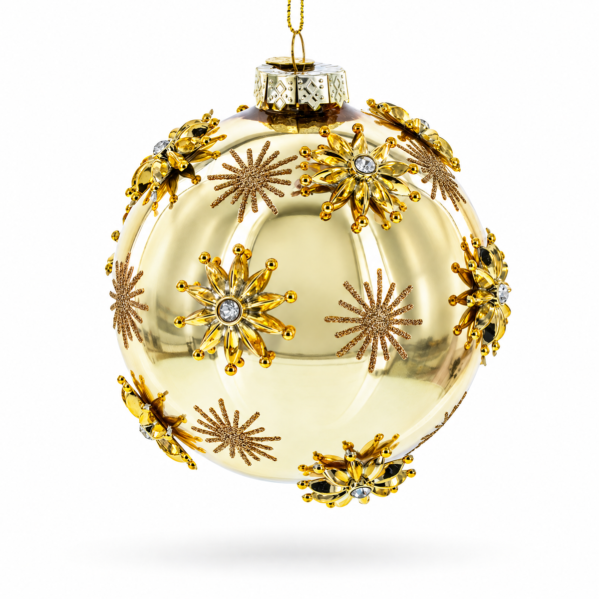 Jeweled Snowflakes Adorning a Golden Glossy Glass Ball Christmas Ornament