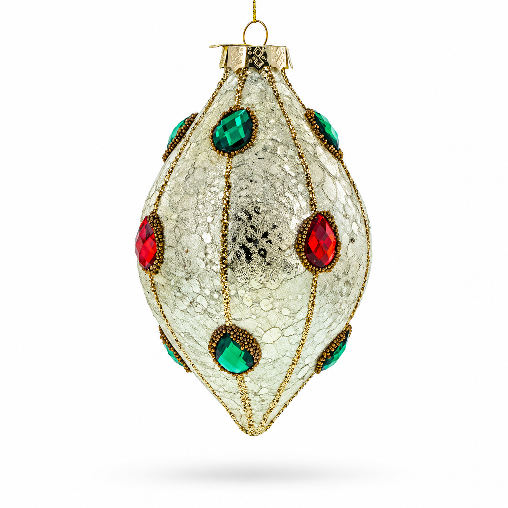 Green and Red Rhombus Glass Christmas Ornament Adorned with Jewelry