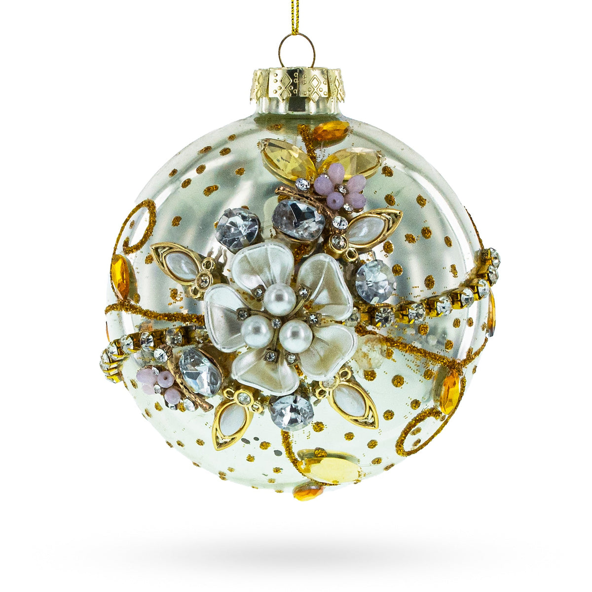 Jeweled Flowers Glass Ball Christmas Ornament