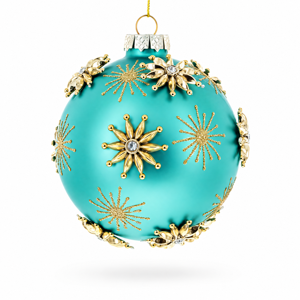 Turquoise Ball with Gold Starburst Flowers Glass Ball Christmas Ornament