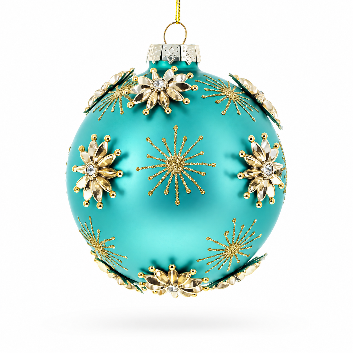 Turquoise Ball with Gold Starburst Flowers Glass Ball Christmas Ornament