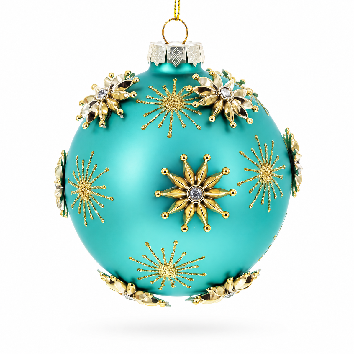 Turquoise Ball with Gold Starburst Flowers Glass Ball Christmas Ornament