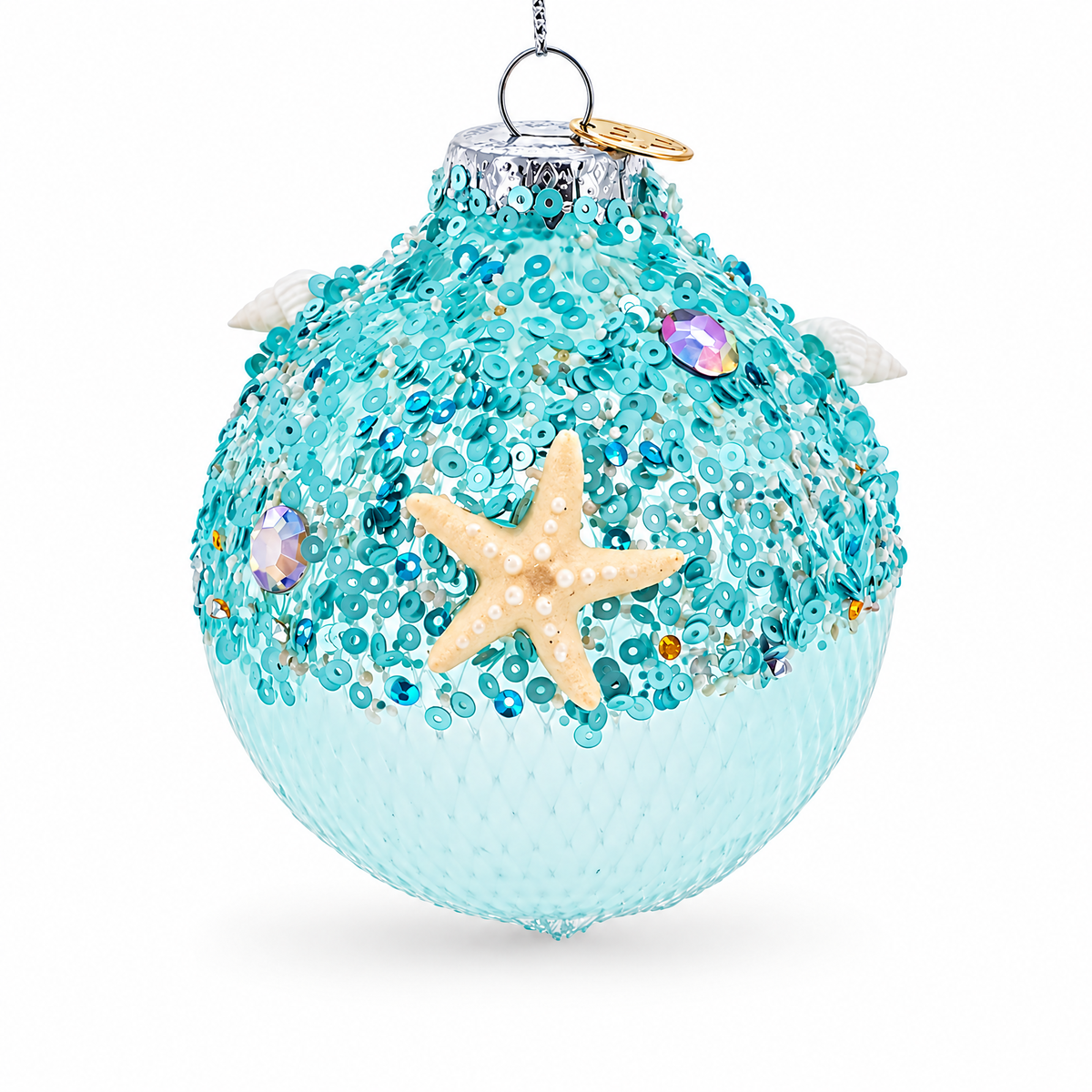 Sequins and Net Overlay Glass Ball Christmas Ornament