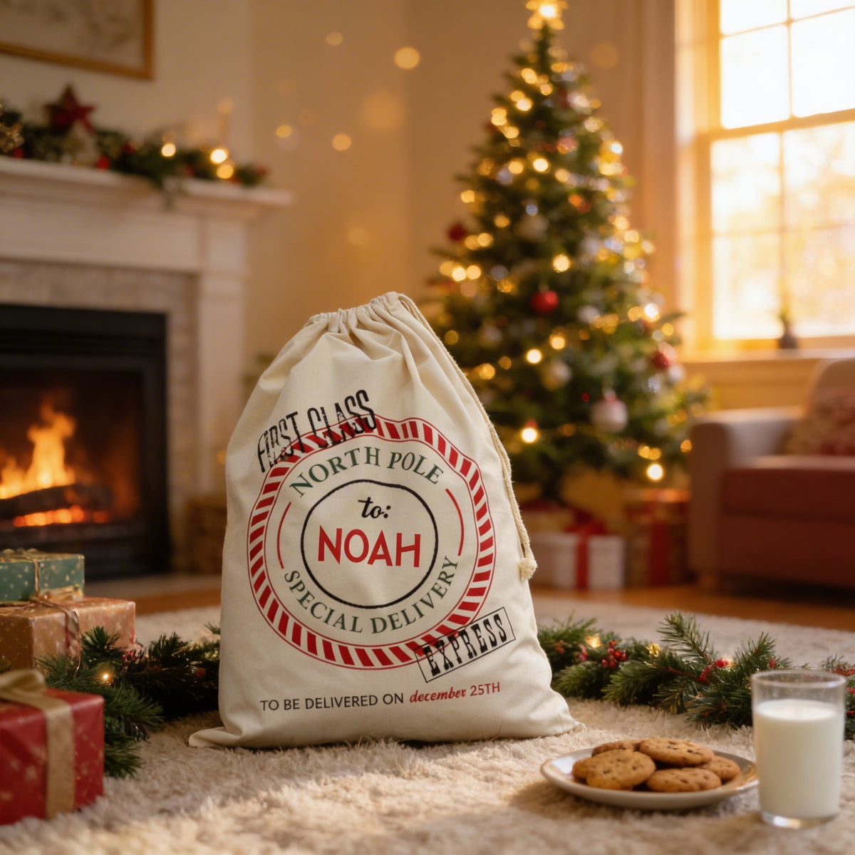 Personalized Santa Sack - Custom Canvas Christmas Gift Bag With Drawstring