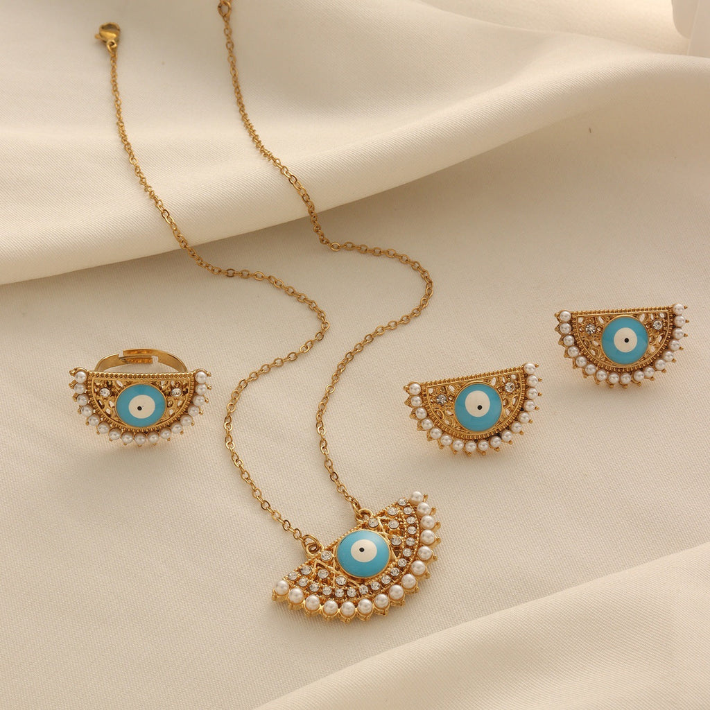 Turkish Evil Eye Necklace, Earrings and Ring Set