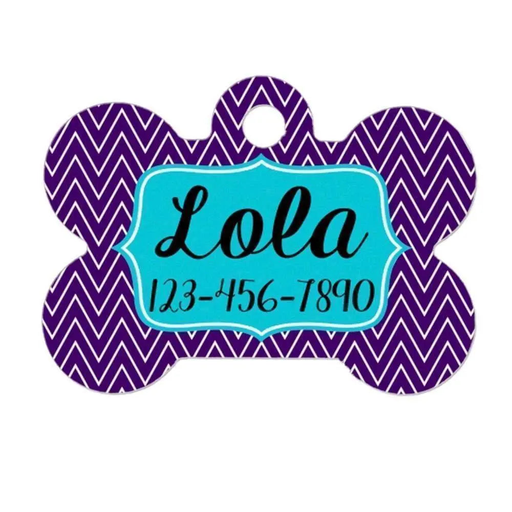 Chevron Personalized Bone Dog Tag - Purple Turquoise