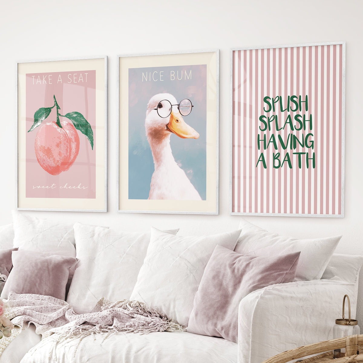 Humorous Bathroom Quotes Wall Art: Funny Duck, Peach Prints