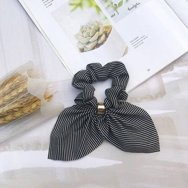Cute Rabbit Ear Striped Metal Buckle Hair Scrunchies Elastic Hair Bands Ties Rope Bands Ponytail Bands Gorgeous Hair Accessories For Women