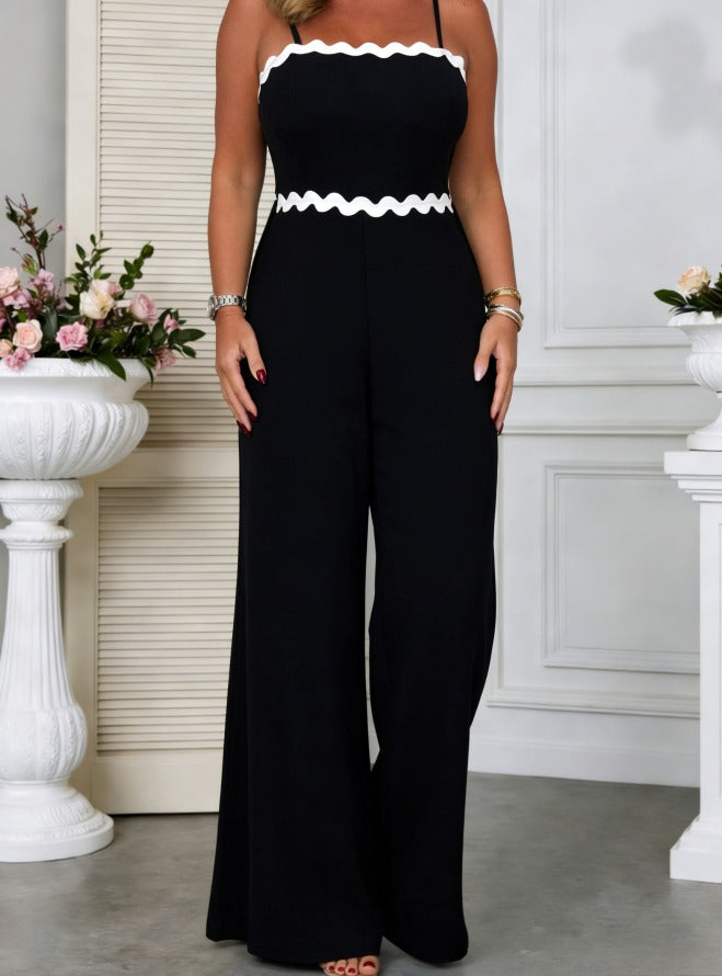 High-Waist Wave Hem Spaghetti Strap Jumpsuit