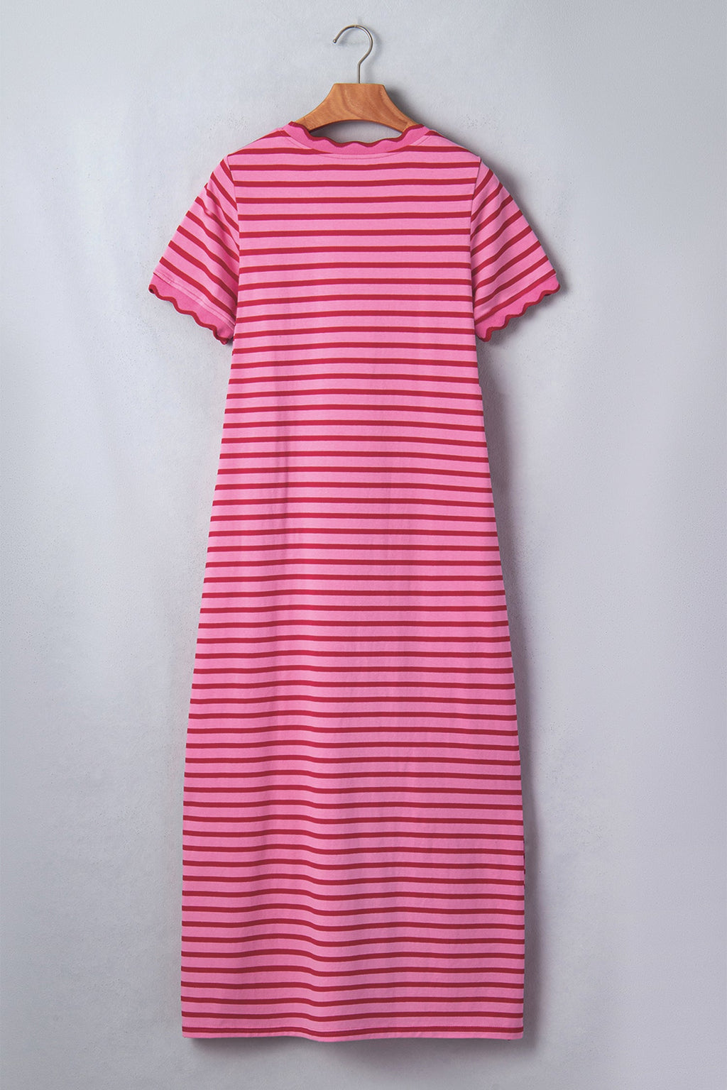 Stripe Scalloped Trim Short Sleeve Side Slit Dress
