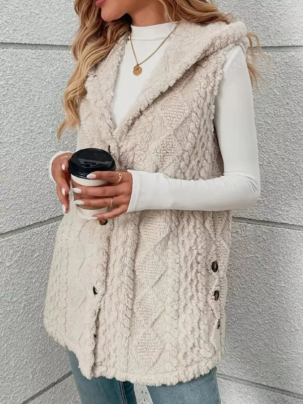 Hooded Button-Up Sherpa Vest Coat