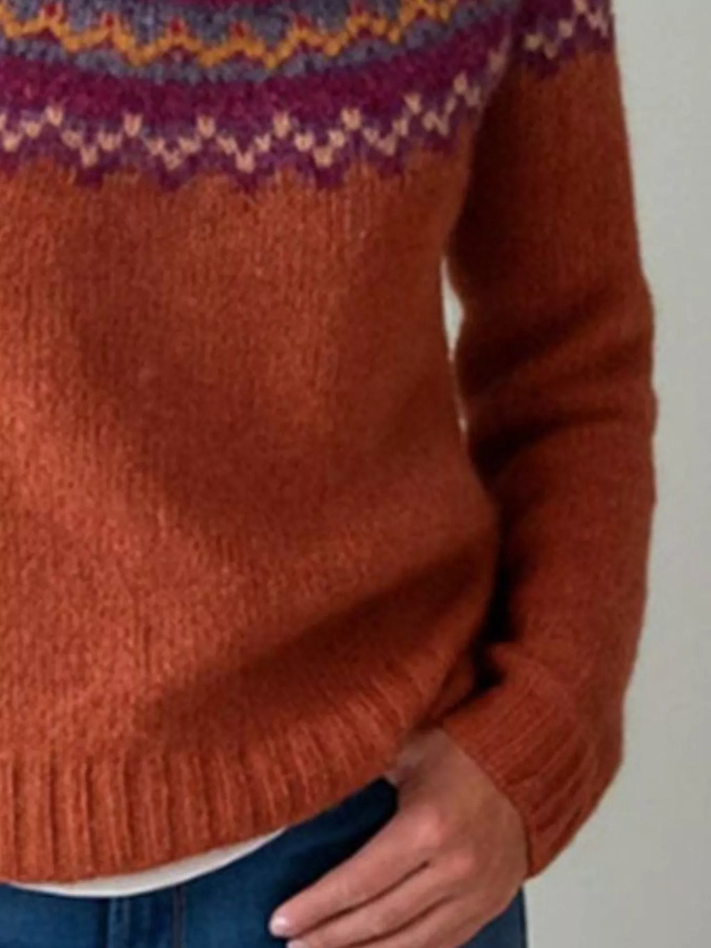 Full Size Vintage Patterned Round Neck Sweater Plus Size