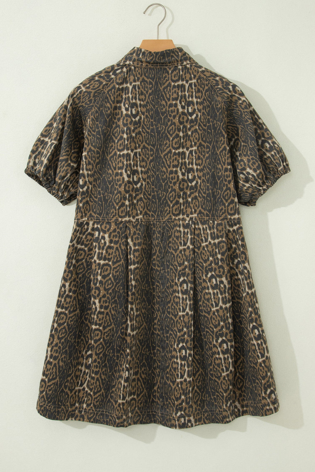 Leopard Denim Short Sleeve Pleated Mini Dress