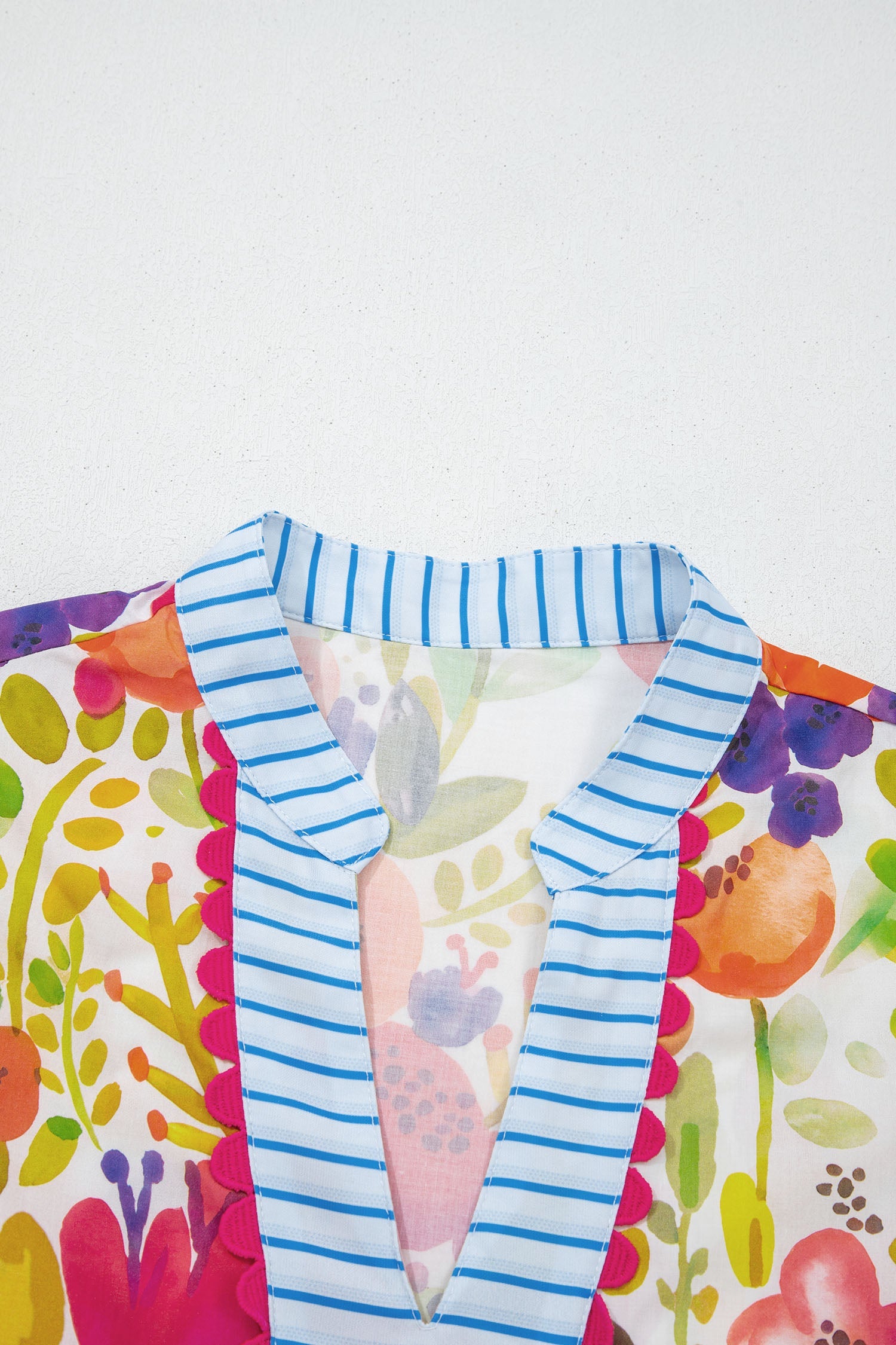 Floral Ricrac Trim Stripe Patchwork V-Neck Dress