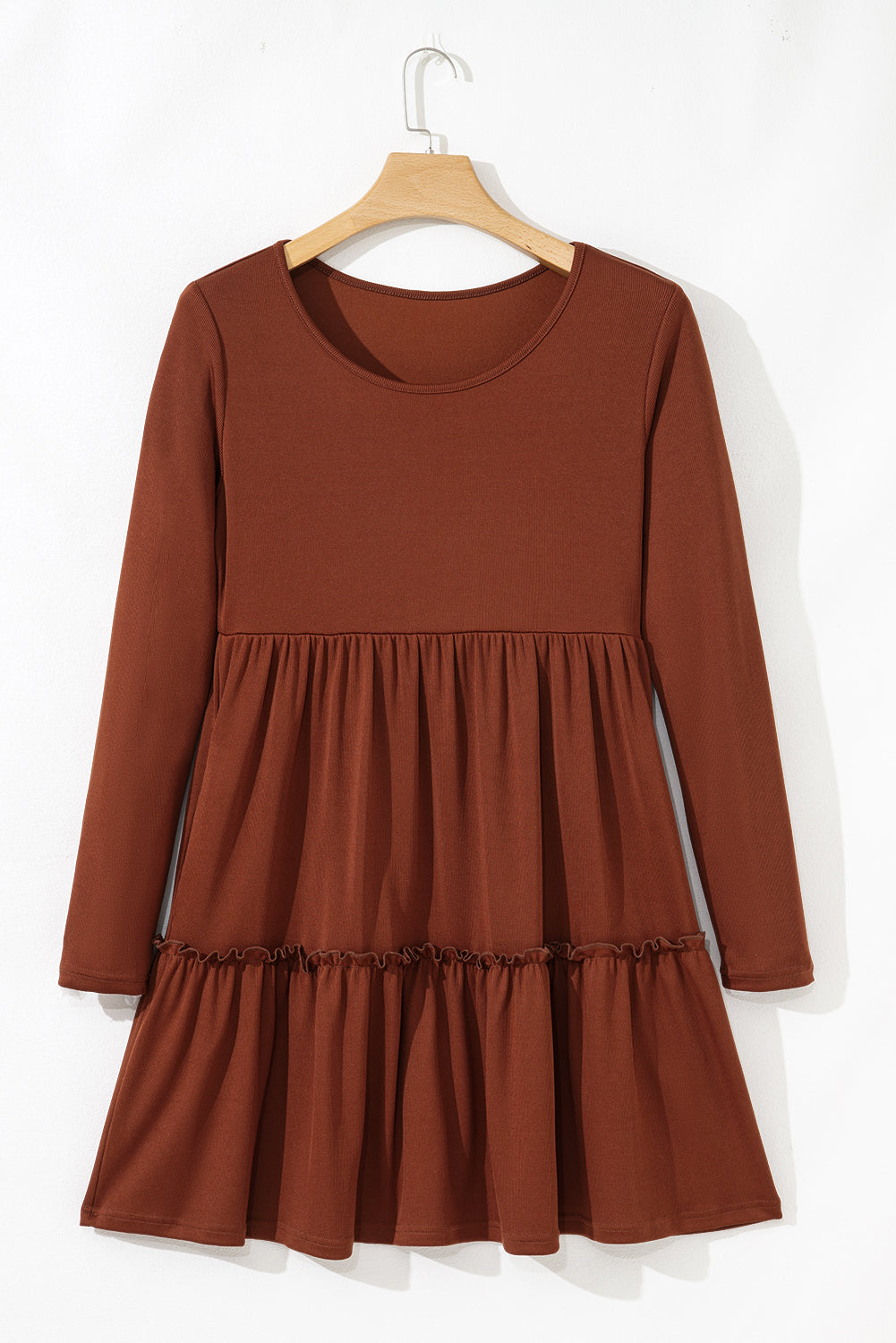 Ribbed Ruffle Trim High Waist Long Sleeve Mini Dress