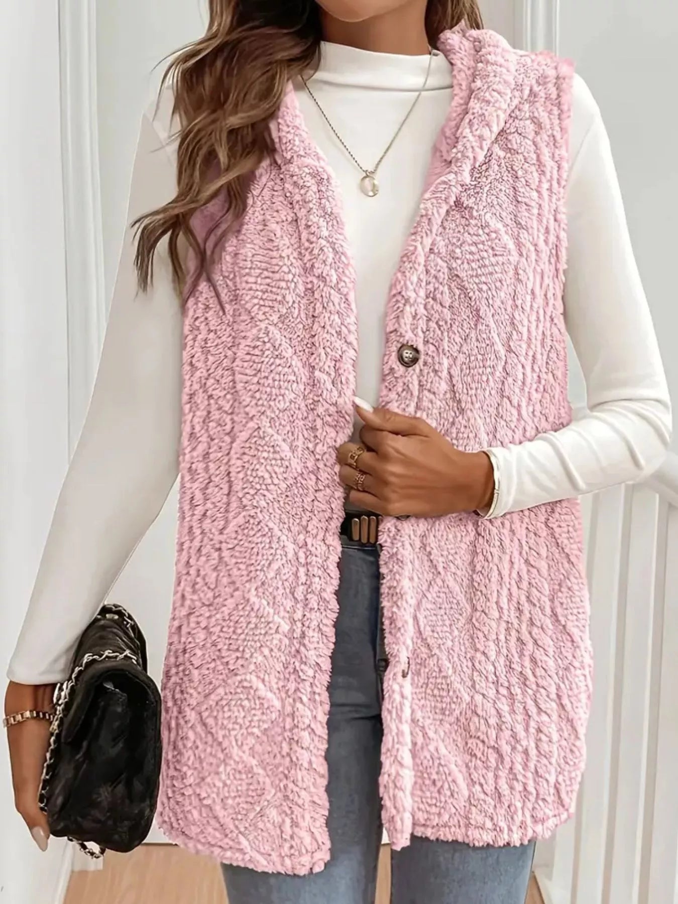 Hooded Button-Up Sherpa Vest Coat