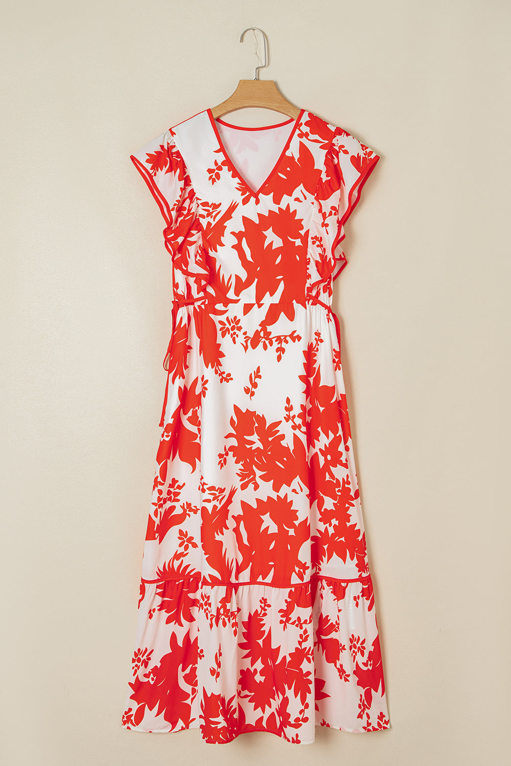 Floral Trim V-Neck Ruffle Sleeve Midi Dress