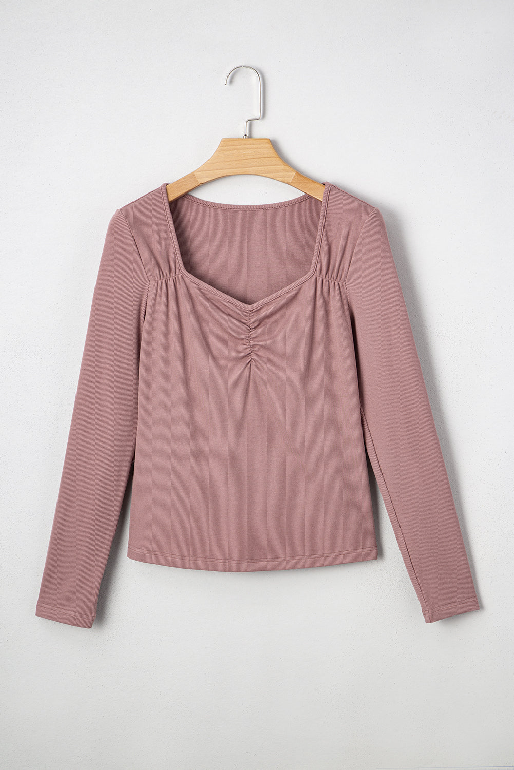 Gathered Bust Square Neck Ribbed Long Sleeve Top