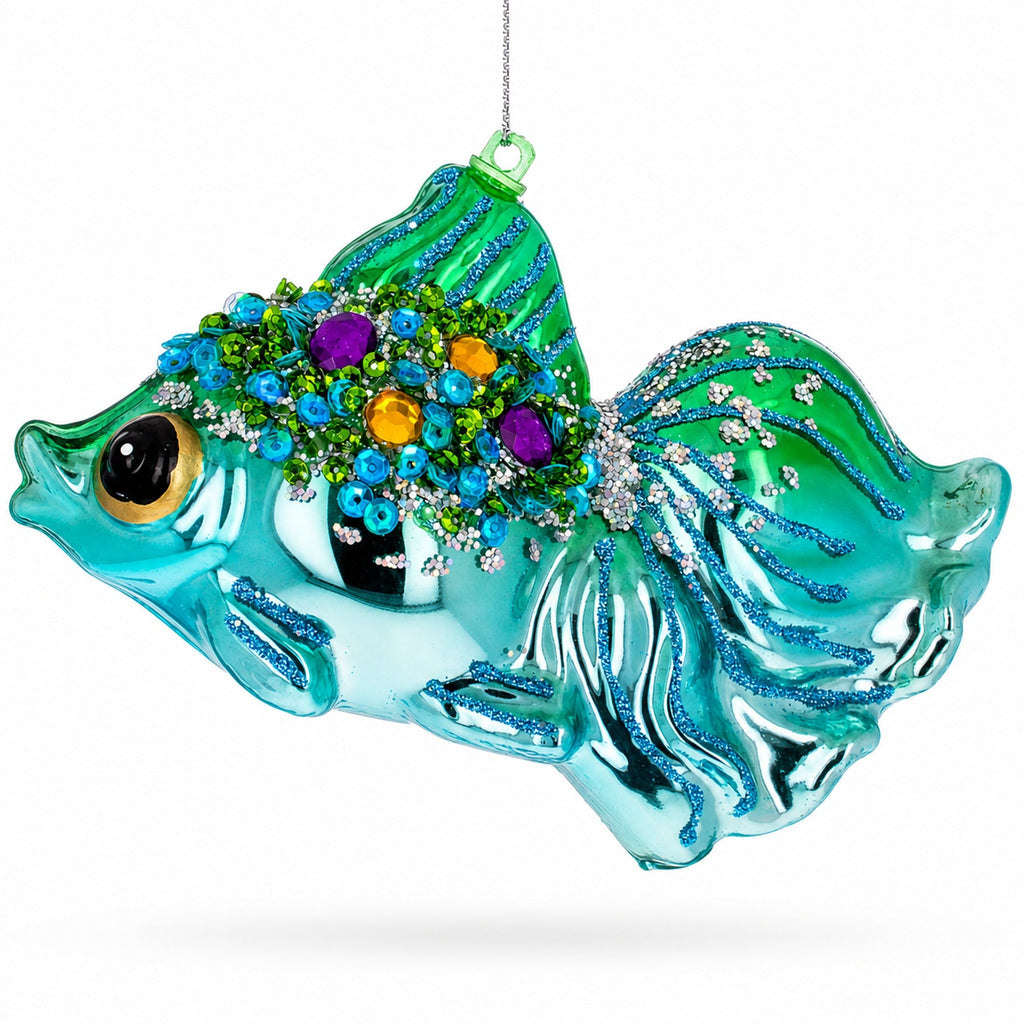 Jeweled Green Fish Glass Christmas Ornament