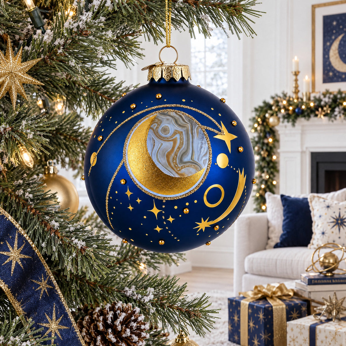 Blue Celestial Planets and Shooting Star Glass Ball Christmas Ornament