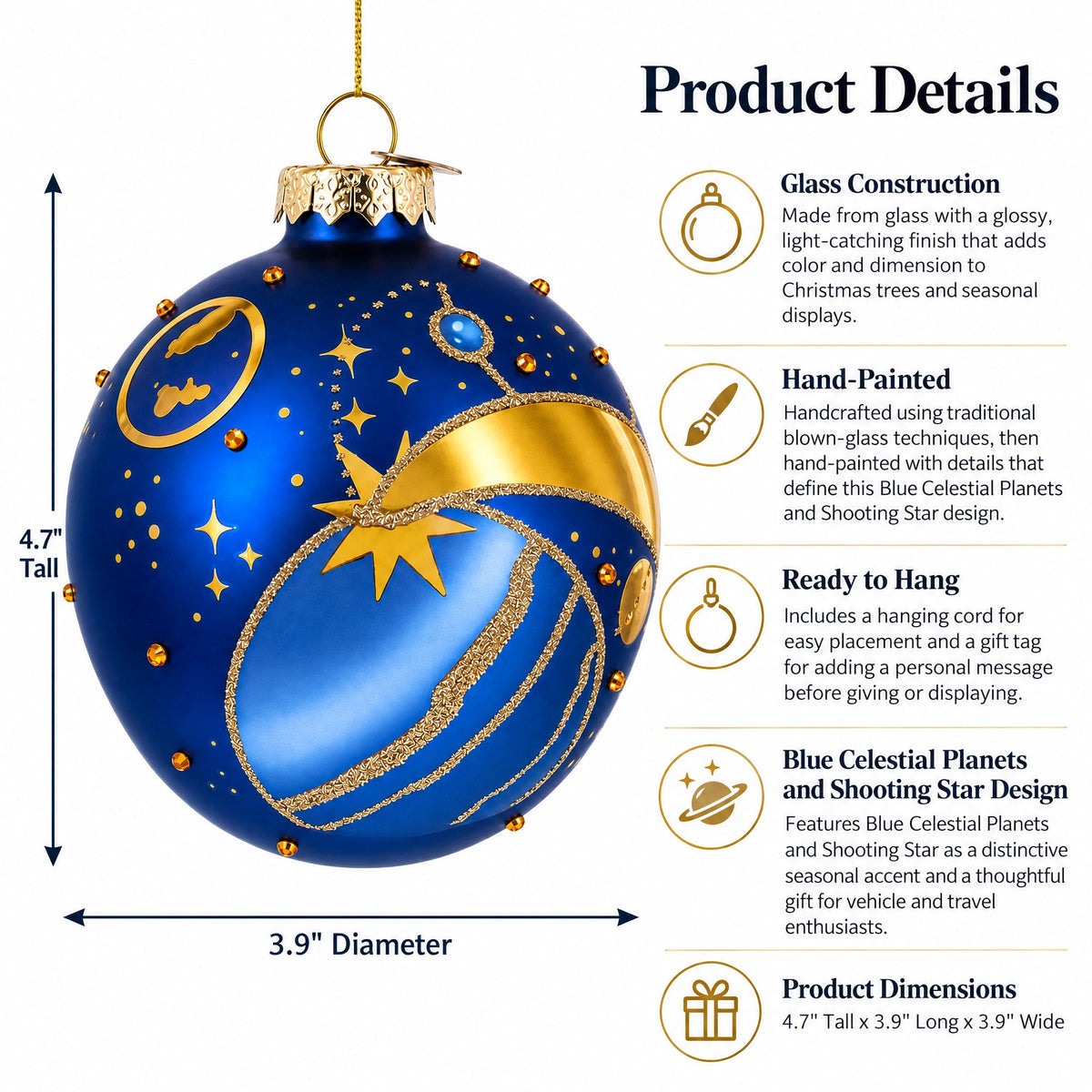 Blue Celestial Planets and Shooting Star Glass Ball Christmas Ornament