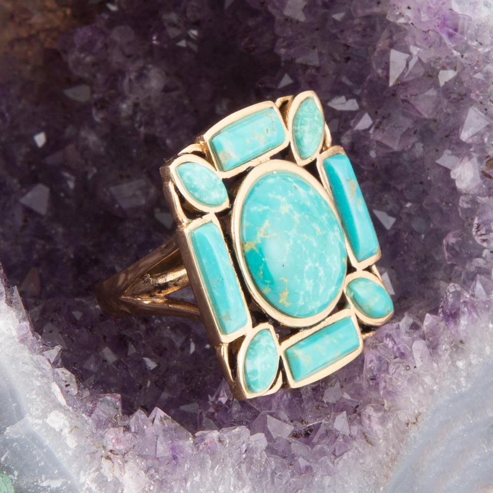 Deco Green Turquoise Golden Statement Ring
