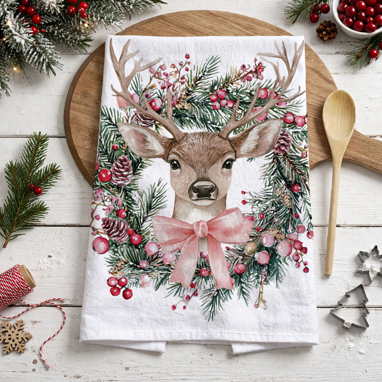 Deer Wreath Kitchen Towel