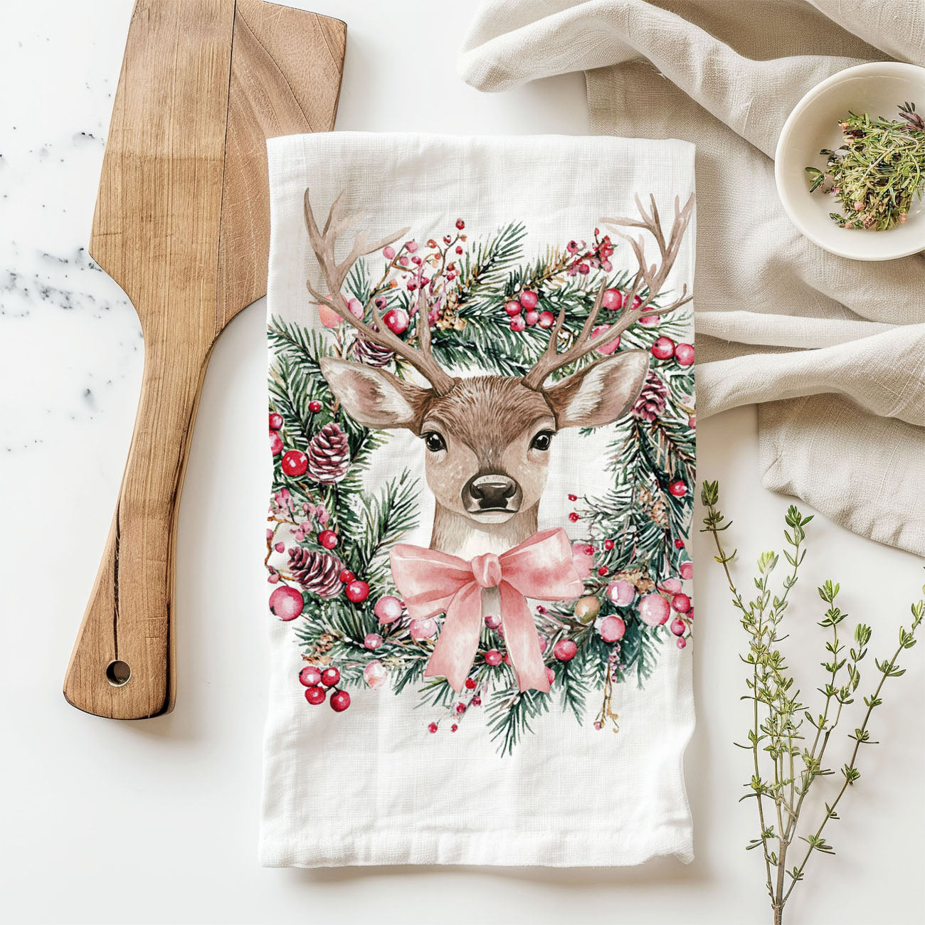 Deer Wreath Kitchen Towel