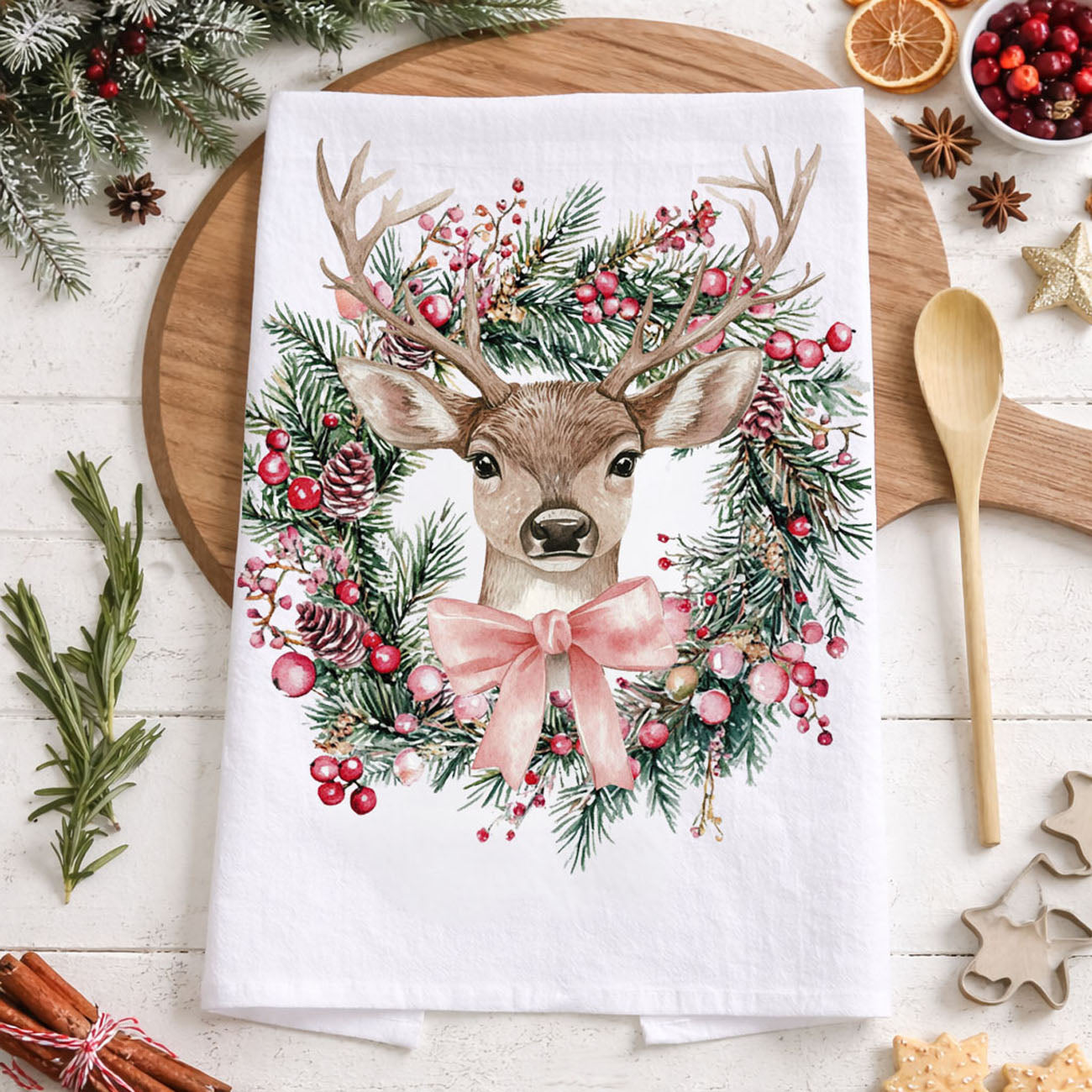 Deer Wreath Kitchen Towel