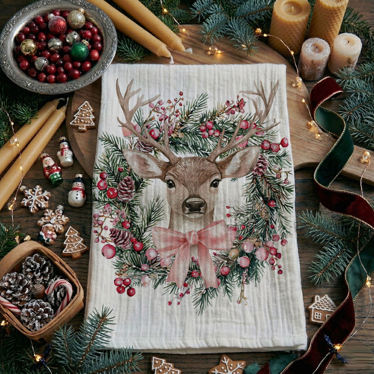 Deer Wreath Kitchen Towel
