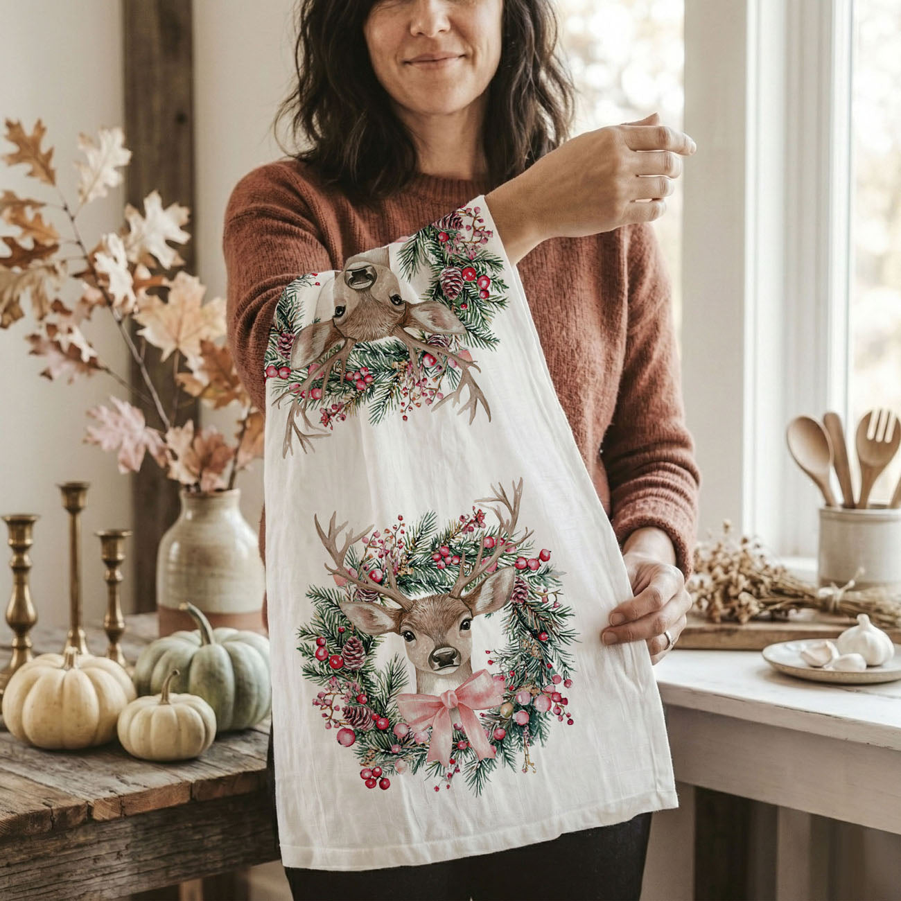 Deer Wreath Kitchen Towel