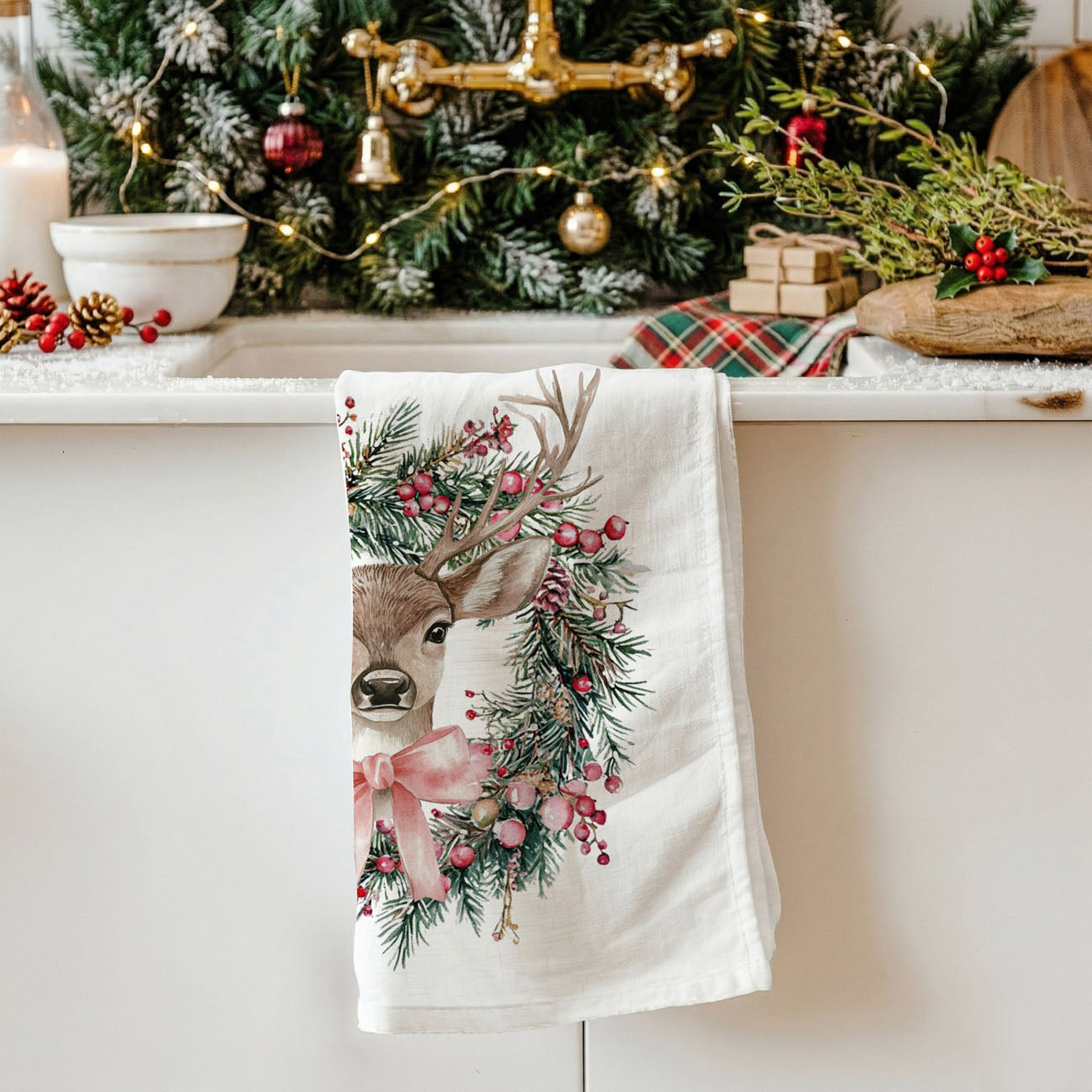 Deer Wreath Kitchen Towel