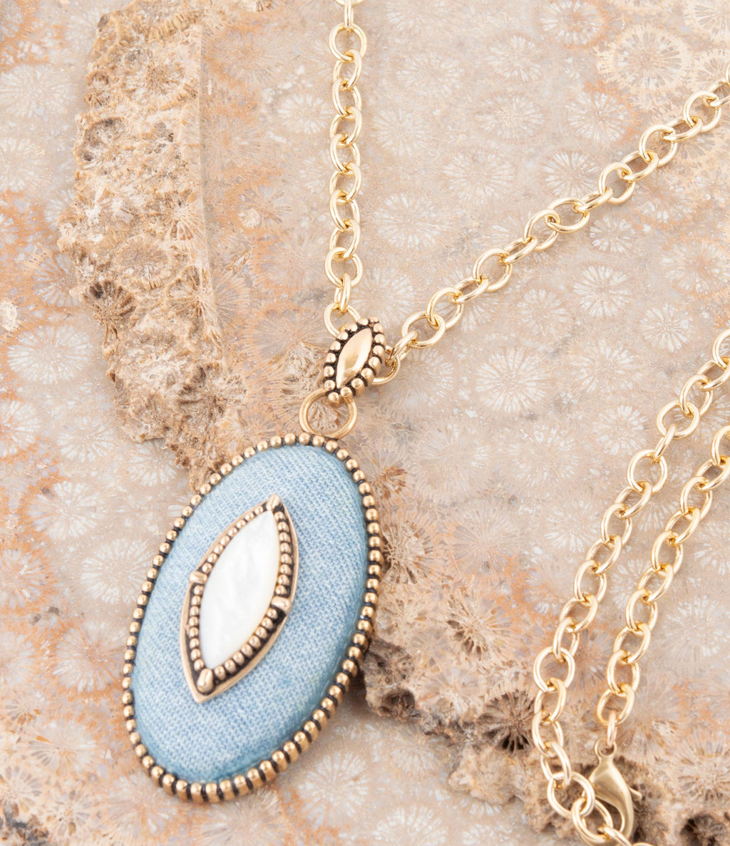 Blue Denim Dreams White Mother of Pearl Golden Pendant Necklace