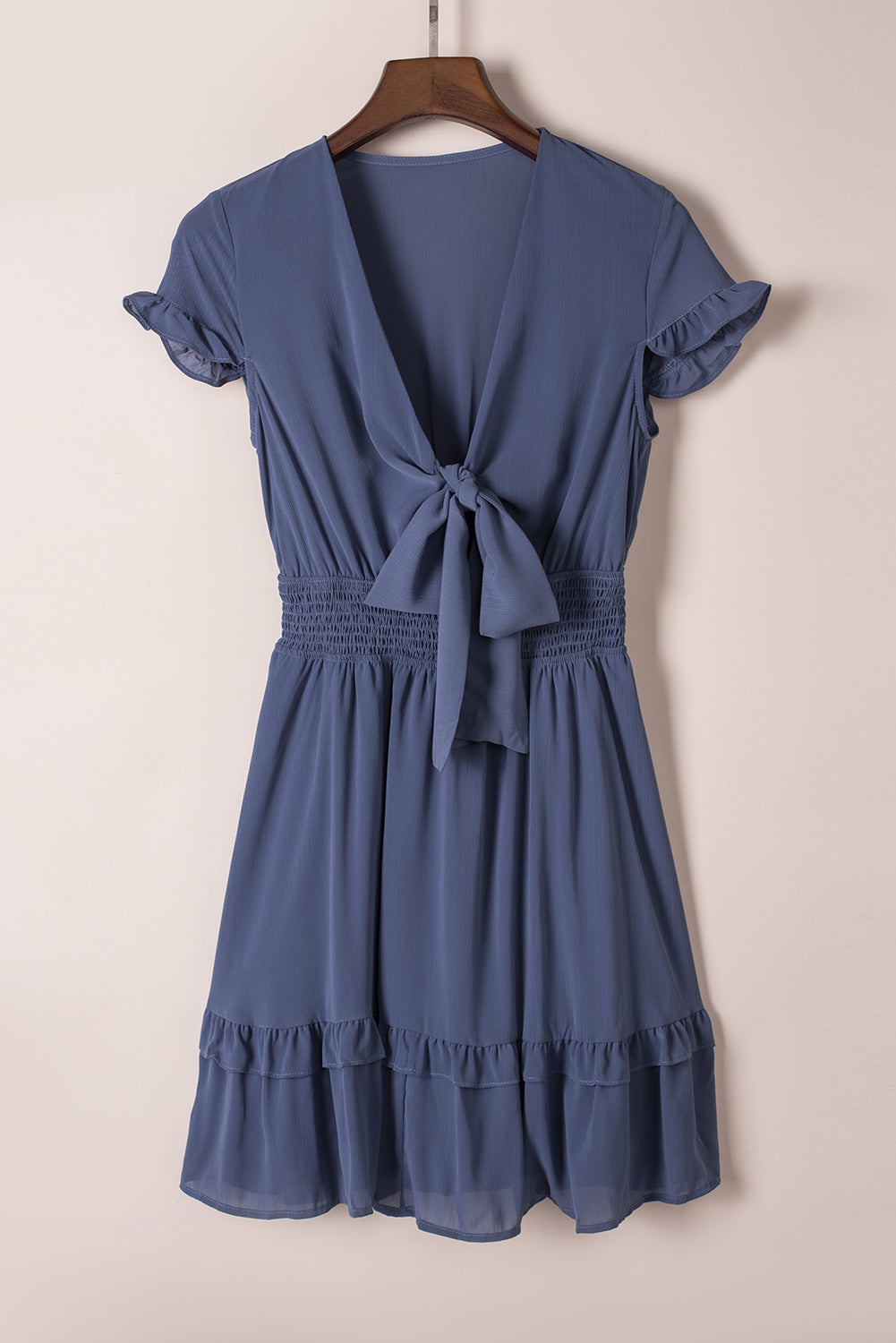 Deep V-Neck Knotted Front Layered Flare Mini Dress
