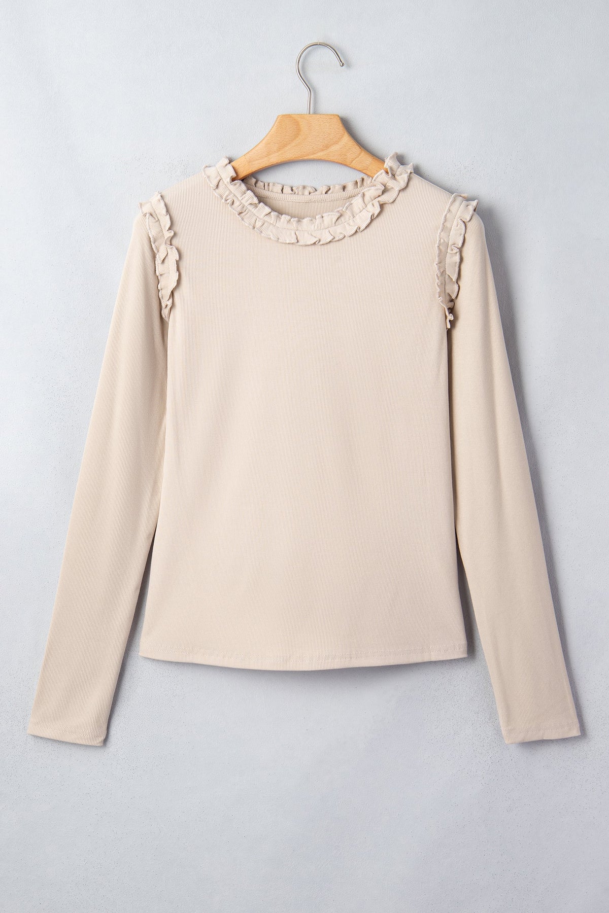 Solid Ribbed Knit Frilled Long Sleeve Top