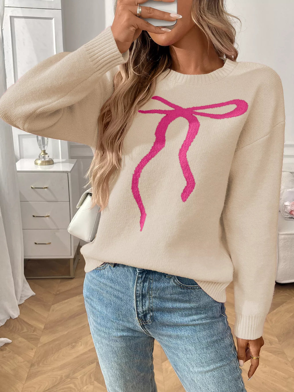 Bow Round Neck Long Sleeve Sweater
