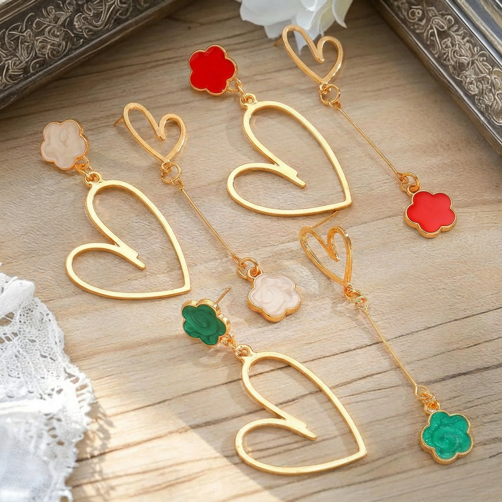 Minimalist Heart Oil-Drop Flower Pendant Stud Earrings Cute Asymmetric Earrings