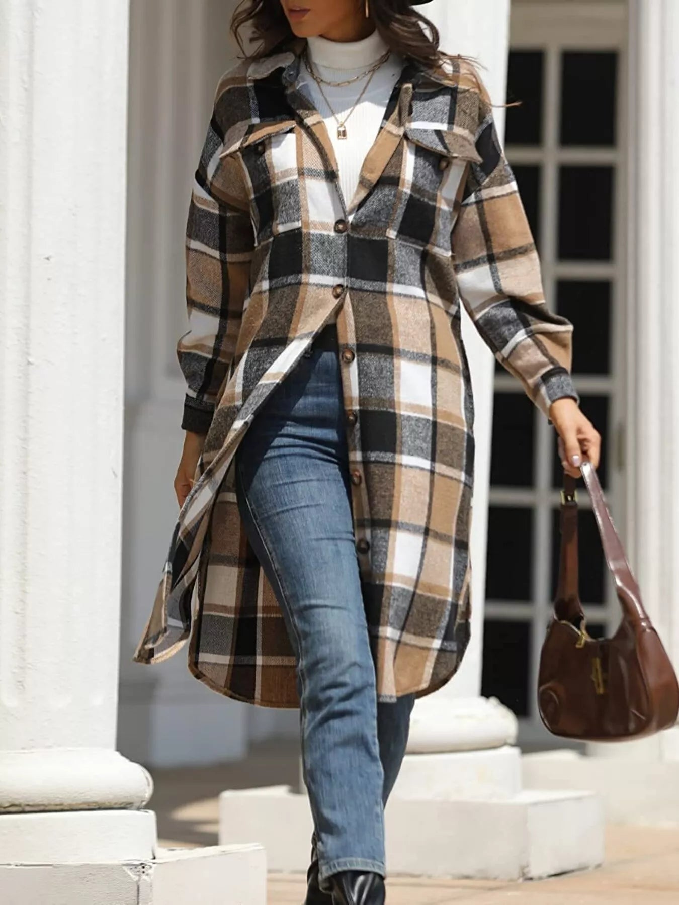 Longline Plaid Button-Up Coat