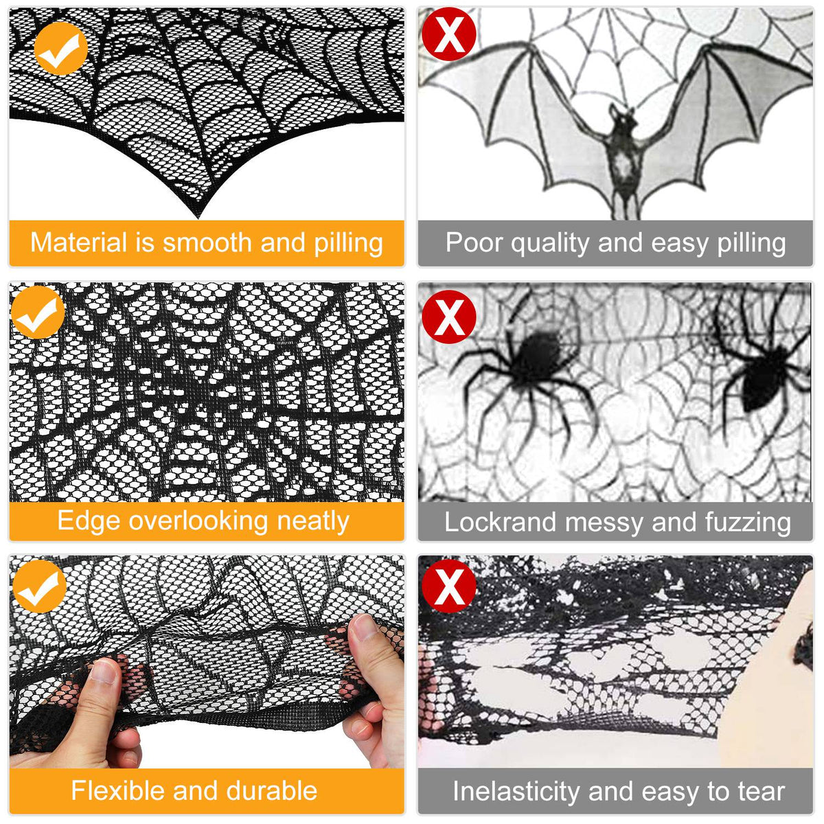 Spiderweb Mantle Scarf – 96x18" Black Lace Fireplace Cover for Halloween Decor