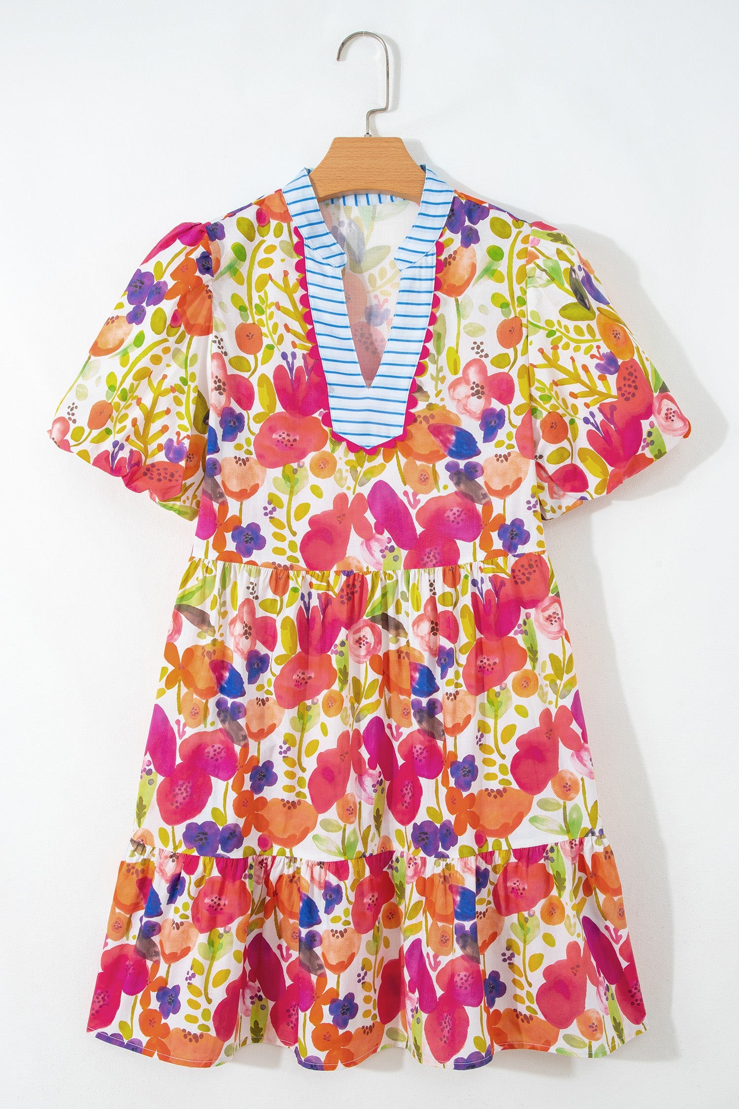 Floral Ricrac Trim Stripe Patchwork V-Neck Dress