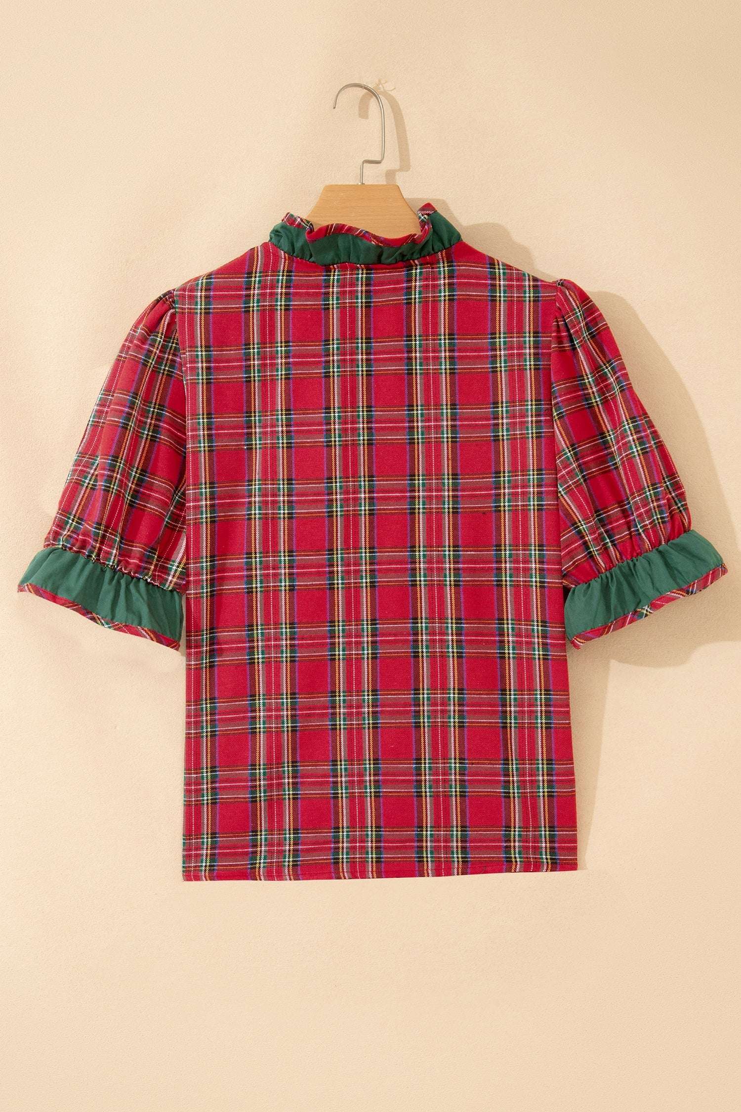 Plaid Ruffle Colorblock V-Neck Puff Sleeve Shirt