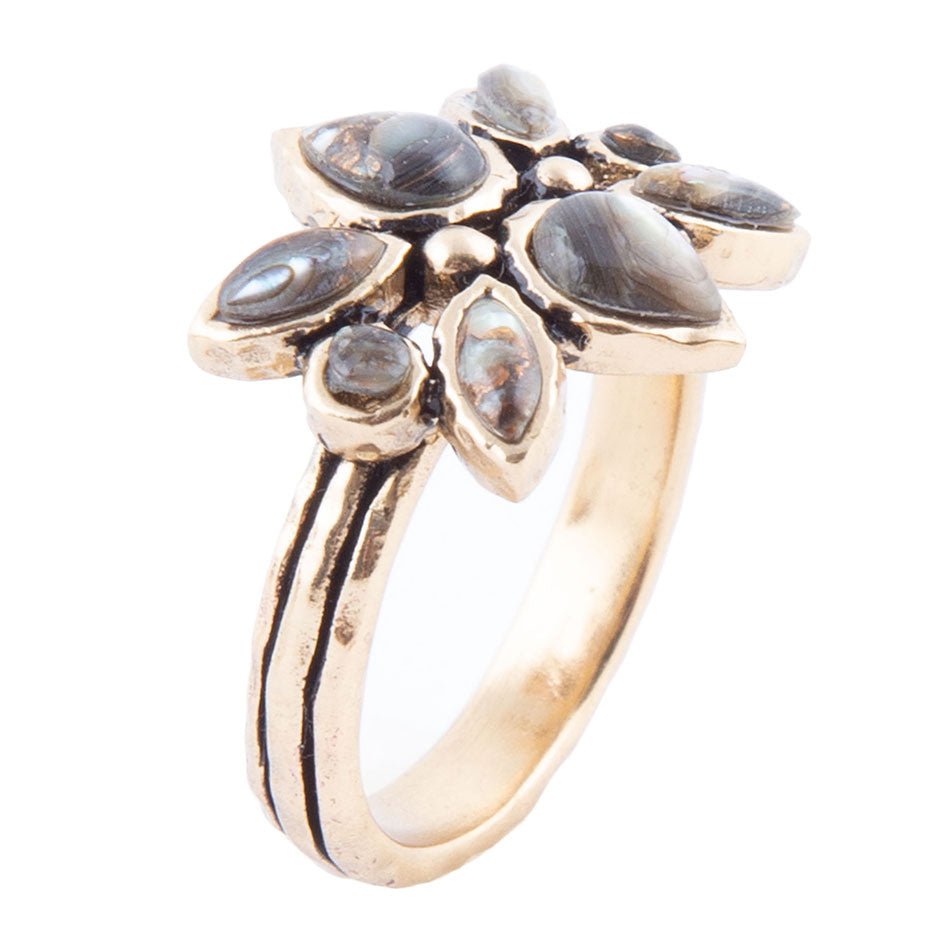 Floral Blue Abalone Golden Bronze Ring
