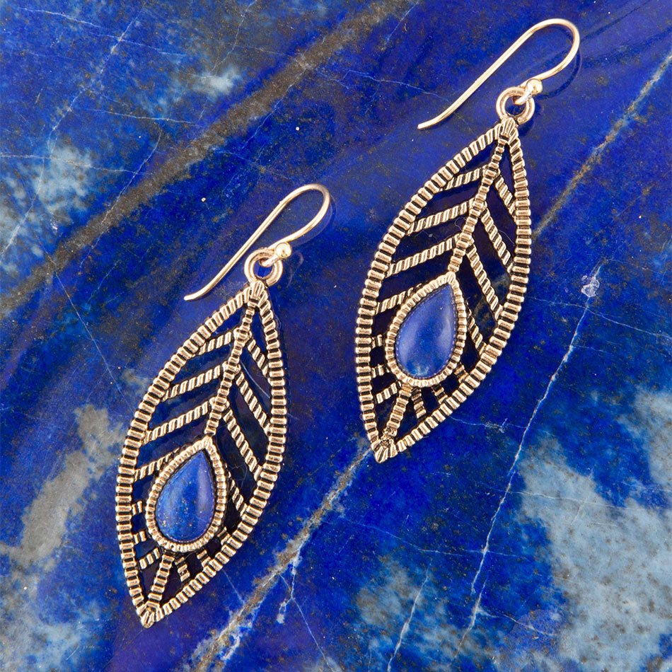 Flourished Blue Lapis Golden Feather Drop Earrings
