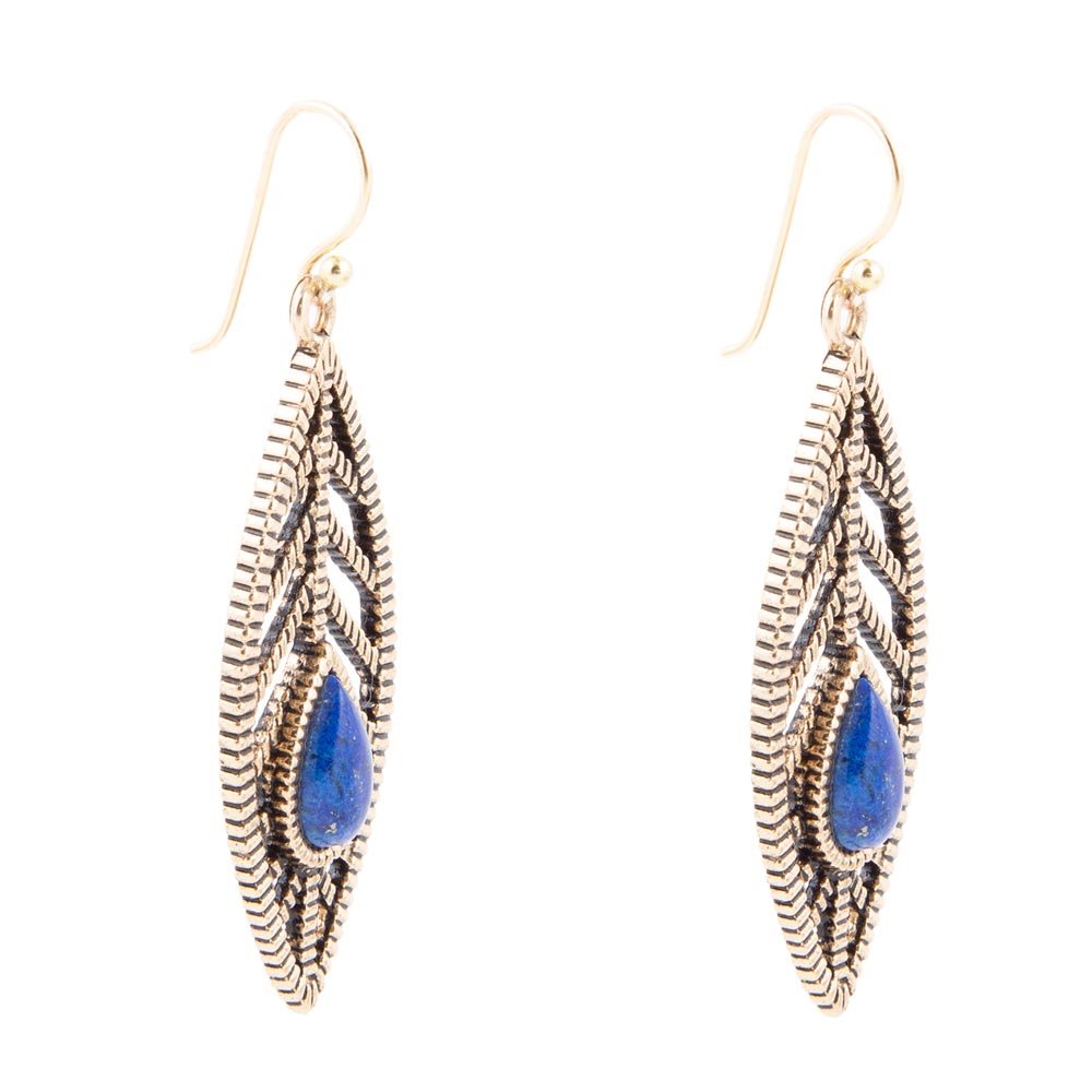 Flourished Blue Lapis Golden Feather Drop Earrings