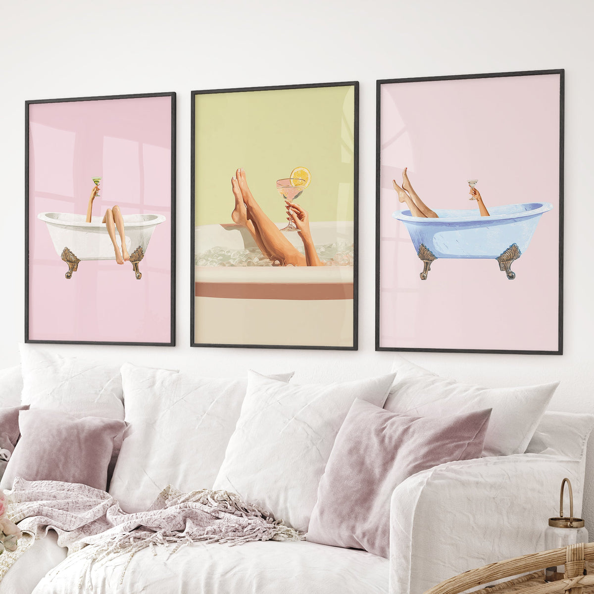 Relaxing Bathtub Prints with Cocktails. Set of 3 Prints