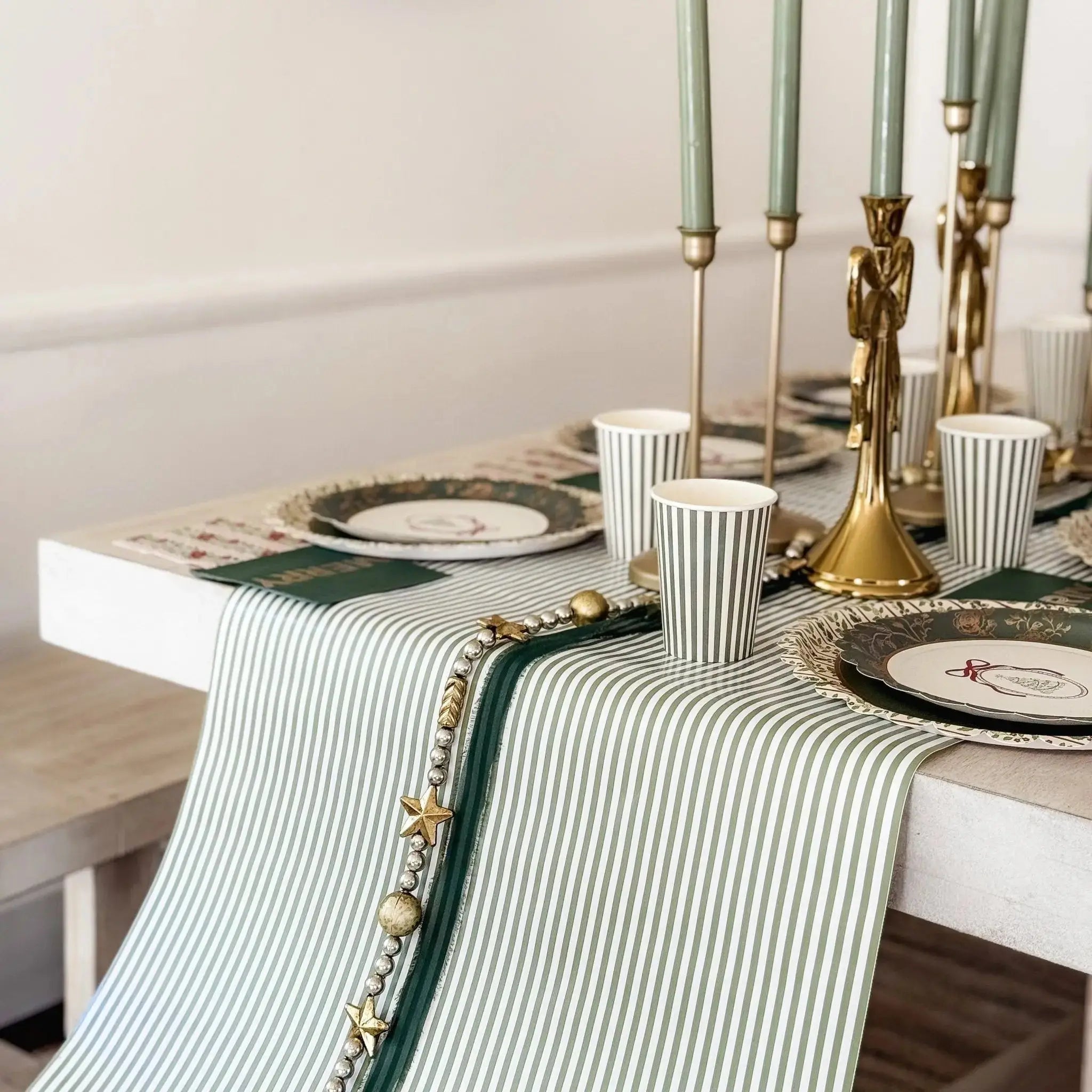 Green Striped Paper Table Runner – 19.5” x 150” | Disposable Party Table Décor